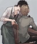  2boys akechi_gorou alpha_signature amamiya_ren apron black_gloves black_hair brown_hair chair commentary_request glasses gloves green_apron grey_background grey_jacket implied_kiss jacket long_hair long_sleeves male_focus multiple_boys persona persona_5 sawa2 shirt simple_background sitting twitter_username white_shirt yaoi 