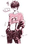  !? 1boy amamiya_ren bangs clothes_pull commentary_request glasses gloves greyscale hair_between_eyes jacket male_focus monochrome navel off_shoulder parted_lips persona persona_5 sawa2 shirt shirt_pull simple_background sketch solo suspenders sweat t-shirt translated 