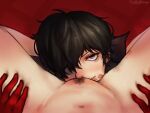  1boy 1girl absurdres amamiya_ren artist_name bite_mark clothed_male_nude_female cunnilingus female_pov female_pubic_hair fluffydango gloves hair_over_one_eye hetero highres lipstick_mark looking_at_viewer nude oral persona persona_5 pov pubic_hair pussy red_background red_gloves smile solo_focus spread_legs thigh_grab thighs 