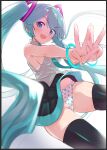  1girl bare_shoulders blue_eyes blue_hair blush breasts caburi commentary_request eyebrows_visible_through_hair eyes_visible_through_hair hatsune_miku highres long_hair looking_at_viewer medium_breasts open_mouth panties polka_dot polka_dot_panties sideboob simple_background skirt sleeveless solo thighhighs twintails underwear v very_long_hair vocaloid white_background 