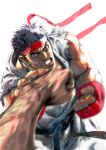 1boy absurdres bandage_on_face bandages black_hair dougi fingerless_gloves gloves headband highres looking_at_viewer male_focus muscular official_art punching ryu_(street_fighter) simple_background solo_focus street_fighter street_fighter_ii_(series) street_fighter_iv_(series) white_background yasuda_akira 