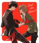  2boys akechi_gorou amamiya_ren bangs black_gloves black_hair black_jacket black_pants brown_eyes brown_hair commentary_request english_text from_side glasses gloves green_jacket hair_between_eyes headphones headphones_around_neck jacket long_sleeves male_focus multiple_boys necktie pants persona persona_5 persona_5:_dancing_star_night persona_dancing plaid plaid_pants profile red_gloves sawa2 simple_background two-tone_background yaoi 