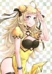  1girl ahoge alternate_costume bangs blonde_hair bracelet breasts checkered checkered_background chinese_clothes ebi_puri_(ebi-ebi) fire_emblem fire_emblem_fates grey_eyes hair_ribbon hand_up jewelry long_hair looking_at_viewer medium_breasts ophelia_(fire_emblem) ribbon solo thighs turtleneck upper_body 