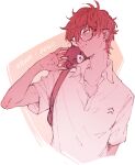  1boy amamiya_ren animal animal_on_shoulder bag bangs cat cat_on_shoulder closed_mouth commentary_request cropped_torso glasses hair_between_eyes male_focus monochrome morgana_(persona_5) persona persona_5 red_theme sawa2 school_bag shirt short_sleeves simple_background 