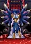  1girl absurdres armor bangs blue_skin breasts butter-t claws cleavage colored_skin commentary crossed_legs demon demon_girl english_commentary feathered_wings full_body gem hair_ornament hair_over_one_eye hands_on_own_knees head_tilt highres ignitrix jewelry khornette_quest large_breasts multicolored_hair multicolored_wings pants pauldrons photoshop_(medium) robe second-party_source short_hair shoulder_armor sitting smile solo throne twintails tzeentch warhammer_40k wide_sleeves wings yellow_eyes 