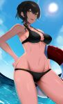  1girl :d armpits bikini black_bikini black_hair breasts commission copyright_request doko_tetora halterneck hand_up highres holding holding_innertube innertube large_breasts looking_at_viewer navel ocean open_mouth skeb_commission smile solo sun swimsuit yellow_eyes 