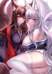  2girls all_fours amagi_(azur_lane) animal_ear_fluff animal_ears arm_support ass azur_lane bangs bare_shoulders blue_eyes blue_kimono blunt_bangs blush bodystocking breasts brown_hair brown_tail cleavage closed_mouth coat commentary_request eyebrows_visible_through_hair eyeshadow fox_ears fox_girl fox_tail hair_ornament highres japanese_clothes kimono large_breasts long_hair looking_at_viewer makeup multiple_girls multiple_tails off-shoulder_kimono open_clothes open_coat purple_eyes purple_kimono red_coat red_eyeshadow reward_available sakuramon shinano_(azur_lane) sidelocks simple_background sitting skindentation skirt skirt_under_kimono smile tail thick_eyebrows thighhighs very_long_hair white_background white_legwear white_skirt white_tail wide_sleeves yokozuwari yukinimaru 