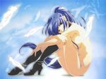  blue_eyes blue_hair boots breasts brown_eyes feathers hayase_mitsuki high_heel_boots high_heels kimi_ga_nozomu_eien large_breasts long_hair nude ponytail shoes solo wallpaper 