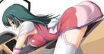  ass bent_over blush breasts earrings elbow_gloves gloves green_hair jewelry kotona_elegance large_breasts long_hair looking_back ribbon solo tanaka_shoutarou thighhighs zettai_ryouiki zoids zoids_genesis 
