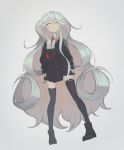  1girl asaoki bangs black_footwear black_legwear blush boots bow closed_mouth grey_background grey_hair long_hair original patterned patterned_clothing red_bow signature silver_hair simple_background solo thighhighs very_long_hair yellow_eyes 