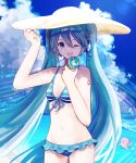  1girl ;d bikini blue_bikini blue_eyes blue_hair blue_sky breasts cleavage cloud collarbone cowboy_shot floating_hair food frilled_bikini_bottom front-tie_bikini front-tie_top groin hat hatsune_miku headphones highres holding ice_cream long_hair looking_at_viewer megurine_luka navel nomuraumu one_eye_closed open_mouth outdoors sky small_breasts smile standing striped_bikini_top sun_hat swimsuit very_long_hair vocaloid white_hat 