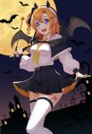  1girl bat belt between_breasts black_hoodie black_skirt black_wings breasts dress_shirt full_moon halloween halloween_costume highres kousaka_honoka koyaya long_sleeves love_live! love_live!_school_idol_project medium_breasts miniskirt moon necktie necktie_between_breasts one_side_up orange_hair pleated_skirt shirt short_hair skirt solo standing thighhighs white_legwear white_shirt wings yellow_neckwear zettai_ryouiki 