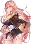  1girl amira_(shingeki_no_bahamut) bangs belt black_capelet black_dress blush breasts capelet cleavage collared_shirt commentary_request cowboy_shot dress eyebrows_visible_through_hair granblue_fantasy hands_together long_hair long_sleeves looking_at_viewer medium_breasts own_hands_together pink_eyes pink_hair shingeki_no_bahamut shingeki_no_bahamut:_genesis shirt shorts slit_pupils solo standing thighs v_arms very_long_hair white_background white_shirt white_shorts yuzuki_karu 