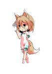  1girl animal_ears bangs black_eyes blonde_hair bow breasts brown_eyes chibi confused dairi eyebrows_visible_through_hair fox_ears fox_tail full_body green_bow hair_between_eyes hand_up kudamaki_tsukasa looking_to_the_side open_mouth romper short_hair short_sleeves simple_background small_breasts socks solo standing tachi-e tail test_tube touhou transparent_background white_legwear white_sleeves 