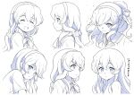  1girl :&lt; :d :o ^_^ bangs blush bow closed_eyes closed_mouth collared_shirt commentary_request eyebrows_visible_through_hair hair_between_eyes hair_down hair_ornament hair_over_one_eye hair_scrunchie hairband highres kantai_collection long_hair low_ponytail monochrome multiple_views nude parted_lips ponytail profile sailor_collar school_uniform scrunchie serafuku shirt short_sleeves simple_background smile tenshin_amaguri_(inobeeto) wet wet_hair white_background yamagumo_(kancolle) 
