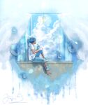  1boy bubble cloud day denim facing_to_the_side fusui highres jeans looking_back male_focus original pants ramune scenery shirt signature sky solo t-shirt white_shirt wind_chime window 