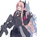  1girl 3_small_spiders assault_rifle black_gloves black_jacket black_scarf black_skirt blush eyebrows_visible_through_hair feet_out_of_frame girls&#039;_frontline gloves gun hand_up headphones highres holding holding_gun holding_weapon jacket long_hair looking_at_viewer m4_carbine m4_sopmod_ii m4_sopmod_ii_(girls&#039;_frontline) multicolored_hair open_mouth pink_eyes pink_hair rifle scarf shadow skirt smile solo standing walkie-talkie weapon white_background 