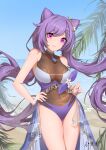  1girl absurdres ai_dongdong beach breasts choker covered_navel day frilled_skirt frills genshin_impact hair_bun highres keqing_(genshin_impact) large_breasts long_hair long_skirt looking_at_viewer ocean outdoors palm_tree purple_eyes purple_hair purple_swimsuit skirt smile standing swimsuit tree twintails very_long_hair water 