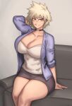  1girl absurdres arm_behind_head arm_support bakugou_mitsuki blonde_hair boku_no_hero_academia breasts cleavage collar couch highres huge_breasts indoors kelvin_hiu licking_lips mature_female red_eyes shirt short_hair sitting solo spiked_hair tongue tongue_out white_shirt 