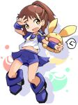  1girl arle_nadja armor blue_skirt brown_hair karukan_(monjya) looking_at_viewer madou_monogatari open_mouth puyo_(puyopuyo) puyopuyo short_hair simple_background skirt smile solo v white_background yellow_eyes 