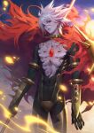  1boy abs armlet armor bangs bishounen black_bodysuit blue_eyes bodysuit bracer c_home cape chest_jewel collar crotch_plate earrings embers eyeshadow fate/apocrypha fate/grand_order fate_(series) fur_collar heterochromia highres holding holding_polearm holding_weapon jewelry karna_(fate) lips looking_at_viewer makeup male_focus pale_skin polearm single_earring solo spiked_collar spikes sunrise toned toned_male weapon white_hair 