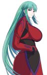  1girl bangs black_gloves breasts from_side gloves green_eyes green_hair hair_behind_ear hand_on_hip jacket large_breasts long_hair looking_at_viewer military military_uniform muvluv muvluv_alternative red_jacket smile solo tsukuyomi_mana uniform user_zww6012 very_long_hair white_background 
