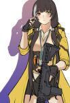  1girl 3_small_spiders bangs black_gloves black_hair black_skirt blush brown_vest closed_mouth eyebrows_visible_through_hair feet_out_of_frame fingerless_gloves girls&#039;_frontline gloves gun hand_up headphones heterochromia highres holding holding_gun holding_weapon jacket long_hair looking_at_viewer multicolored_hair open_clothes open_jacket red_eyes ro635 ro635_(girls&#039;_frontline) shadow skirt solo standing vest weapon white_background yellow_eyes yellow_jacket 