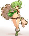  1girl animal_ears bare_shoulders breasts character_request gloves green_hair groin karukan_(monjya) last_period looking_at_viewer midriff navel red_eyes short_hair simple_background solo white_background 