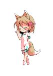  1girl animal_ears bangs blonde_hair blush bow breasts chibi closed_eyes closed_mouth dairi eyebrows_visible_through_hair fox_ears fox_tail full_body green_bow hair_between_eyes hand_up heart kudamaki_tsukasa pink_heart romper short_hair short_sleeves simple_background small_breasts smile socks solo standing tachi-e tail test_tube touhou transparent_background white_legwear white_sleeves 