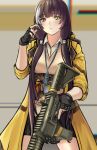  1girl 3_small_spiders black_gloves black_skirt blush breasts brown_hair brown_vest closed_mouth eyebrows_visible_through_hair feet_out_of_frame fingerless_gloves girls&#039;_frontline gloves gun hair_ornament hairclip hand_up headphones heterochromia highres holding holding_gun holding_weapon jacket long_hair looking_at_viewer multicolored_hair open_clothes open_jacket red_eyes ro635 ro635_(girls&#039;_frontline) shirt simple_background skirt solo standing vest weapon white_shirt yellow_eyes yellow_jacket 
