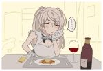  ... 1girl bottle bread_knife breasts butter cleavage cleavage_cutout clothing_cutout commentary_request conte_di_cavour_(kancolle) cup dress drinking_glass food fork gloves hand_on_own_face kantai_collection large_breasts lolipaedq long_hair plate remodel_(kantai_collection) silver_hair solo spoken_ellipsis two_side_up upper_body waffle white_dress white_gloves wine_bottle wine_glass 