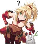  1girl ? armor bag bandeau bangs bare_shoulders black_legwear blonde_hair blush braid breasts collarbone commentary_request detached_collar detached_sleeves egg_carton fate/apocrypha fate_(series) faulds french_braid green_eyes grocery_bag hair_ornament hair_scrunchie highres leaning_forward leaning_to_the_side long_hair looking_at_viewer mordred_(fate) mordred_(fate/apocrypha) navel parted_bangs pelvic_curtain ponytail revision scrunchie shopping_bag sidelocks simple_background small_breasts solo spring_onion thighhighs thighs tonee 