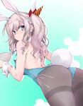  1girl animal_ears ass black_legwear blue_background blue_eyes blue_leotard commentary_request cowboy_shot detached_collar fake_animal_ears from_behind from_below kantai_collection kashima_(kancolle) leotard looking_at_viewer looking_back pantyhose playboy_bunny rabbit_ears rabbit_tail sidelocks silver_hair solo tail thighband_pantyhose tray twintails wavy_hair wrist_cuffs yumesato_makura 