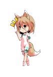  1girl animal_ears bangs black_eyes blonde_hair bow breasts brown_eyes chibi closed_mouth dairi eyebrows_visible_through_hair fox_ears fox_tail full_body green_bow hair_between_eyes hand_up kudamaki_tsukasa looking_to_the_side romper short_hair short_sleeves simple_background small_breasts smile socks solo standing tachi-e tail test_tube touhou transparent_background white_legwear white_sleeves 