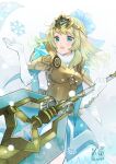  1girl armor armored_dress axe bangs battle_axe blonde_hair blue_dress blue_eyes blue_flower blue_hair blush breastplate commentary_request dated dress earrings elbow_gloves eyebrows_visible_through_hair fire_emblem fire_emblem_heroes fjorm_(fire_emblem) flower fur-trimmed_collar fur_trim gloves gradient_hair hair_flower hair_ornament holding holding_axe holding_weapon jewelry kero_sweet lips long_hair looking_away looking_to_the_side multicolored_hair open_mouth parted_lips pink_lips shoulder_armor sidelocks signature smile snow snowflakes snowing streaked_hair tiara two-tone_hair weapon white_gloves 