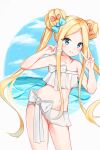 1girl abigail_williams_(fate) abigail_williams_(swimsuit_foreigner)_(fate) absurdres bangs bare_arms bare_shoulders bikini blonde_hair blue_bow blue_eyes blush bow closed_mouth collarbone commentary_request day double_bun double_v fate/grand_order fate_(series) forehead hair_bow hands_up highres long_hair looking_at_viewer navel orange_bow parted_bangs smile solo swimsuit twintails v very_long_hair white_bikini yukaa 