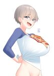  1girl arcbun arms_behind_back artist_logo artist_name blue_eyes bottomless breasts clothes_writing commentary fang food furrowed_brow grey_hair groin hair_between_eyes highres huge_breasts long_bangs looking_at_viewer object_on_breast open_mouth pizza pizza_slice raglan_sleeves romaji_text shirt short_hair simple_background skin_fang smile solo stomach sugoi_dekai taut_clothes taut_shirt troll_face upper_body uzaki-chan_wa_asobitai! uzaki_hana white_background 