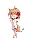  1girl anger_vein angry animal_ears bangs blonde_hair bow breasts chibi closed_eyes closed_mouth dairi eyebrows_visible_through_hair fox_ears fox_tail full_body green_bow hair_between_eyes hand_up kudamaki_tsukasa romper short_hair short_sleeves simple_background small_breasts socks solo standing tachi-e tail test_tube touhou transparent_background white_legwear white_sleeves 