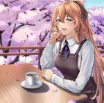  1girl 3_small_spiders apron blue_eyes blush breasts brown_apron brown_ribbon cherry_blossoms coffee coffee_cup collared_shirt commentary_request cup disposable_cup eyebrows_visible_through_hair falling_petals girls&#039;_frontline hair_ribbon hand_on_own_face hand_on_table highres long_hair looking_at_viewer medium_breasts open_mouth orange_hair outdoors petals ponytail ribbon shirt sidelocks sitting smile solo springfield_(girls&#039;_frontline) table tree upper_body white_shirt 