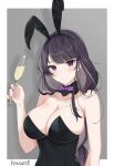  1girl alcohol armpits bangs black_leotard blush bow bowtie breasts bunny cleavage collarbone cup detached_collar drinking_glass genshin_impact highres holding holding_cup kitsun8 large_breasts leotard long_hair looking_at_viewer mole mole_under_eye playboy_bunny purple_bow purple_bowtie purple_eyes raiden_shogun smile strapless wine wine_glass 
