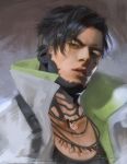  1boy apex_legends artist_name black_hair black_shirt brown_eyes collarbone crypto_(apex_legends) green_jacket grey_jacket jacket jewelry looking_at_viewer male_focus multicolored_clothes multicolored_jacket necklace open_clothes open_jacket parted_lips shirt short_hair simple_background solo two-tone_jacket upper_body zeilyanart 