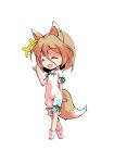  1girl animal_ears bangs blonde_hair bow breasts chibi closed_eyes dairi eyebrows_visible_through_hair fox_ears fox_tail full_body green_bow hair_between_eyes hand_up kudamaki_tsukasa open_mouth romper short_hair short_sleeves simple_background small_breasts smile socks solo standing tachi-e tail test_tube touhou transparent_background white_legwear white_sleeves 
