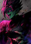  1boy colored_skin commentary dragon_ball dragon_ball_super earrings english_commentary fangs fused_zamasu glowing glowing_eyes green_skin highres hydeover9000 jewelry male_focus open_mouth pointy_ears potara_earrings smile solo twitter_username veins 