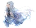  1girl bangs commentary_request cropped_torso detached_sleeves eyebrows_visible_through_hair fire_emblem fire_emblem:_the_blazing_blade floating_hair from_side kuzumosu long_hair long_sleeves ninian_(fire_emblem) parted_lips red_eyes shiny shiny_hair silver_hair simple_background solo very_long_hair white_background 