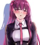  1girl 3_small_spiders :o black_dress blush breasts commentary_request dress girls&#039;_frontline hair_ribbon highres long_hair looking_at_viewer medium_breasts necktie open_mouth purple_eyes purple_hair purple_necktie purple_ribbon ribbon shadow shirt side_ponytail solo_focus upper_body wa2000_(girls&#039;_frontline) white_background white_shirt 