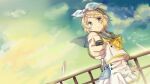  1girl aiming_at_viewer aqua_eyes arm_warmers bangs blonde_hair bow bowtie cloud coin collar collared_shirt commentary day dutch_angle foreshortening fortissimo grey_collar hair_bow hair_ornament hairclip handrail headphones holding holding_coin kagamine_rin kagamine_rin_(vocaloid4) looking_at_viewer matryoshka_(borscht) midriff_peek nail_polish navel outdoors parody sailor_collar see-through shirt short_hair skirt sky sleeveless sleeveless_shirt smile solo standing sunrise swept_bangs toaru_kagaku_no_railgun toaru_majutsu_no_index upper_body v4x vocaloid white_bow white_shirt white_skirt yellow_bow yellow_bowtie yellow_nails 