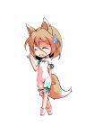  1girl animal_ears bangs blonde_hair bow breasts chibi closed_eyes crying dairi eyebrows_visible_through_hair fox_ears fox_tail full_body green_bow hair_between_eyes hand_up kudamaki_tsukasa open_mouth romper short_hair short_sleeves simple_background small_breasts socks solo standing tachi-e tail tears test_tube touhou transparent_background white_legwear white_sleeves 