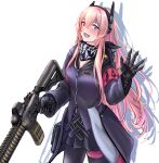  1girl 3_small_spiders assault_rifle black_gloves black_jacket black_scarf black_skirt blush eyebrows_visible_through_hair feet_out_of_frame girls&#039;_frontline gloves gun hand_up headphones highres holding holding_gun holding_weapon jacket long_hair looking_at_viewer m4_carbine m4_sopmod_ii m4_sopmod_ii_(girls&#039;_frontline) multicolored_hair open_mouth pink_eyes pink_hair rifle scarf shadow skirt smile solo standing walkie-talkie weapon white_background 