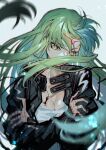  1girl bangs black_jacket blurry blurry_foreground breasts c.c. cleavage code_geass commentary_request creayus crossed_arms eyebrows_visible_through_hair floating_hair green_hair hair_between_eyes hair_over_mouth jacket jewelry long_hair long_sleeves medium_breasts motion_blur necklace open_clothes open_jacket shirt sketch solo very_long_hair white_shirt yellow_eyes 