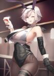  1girl ;) alcohol animal_ears azur_lane backless_leotard bangs bare_shoulders bikini bikini_under_clothes black_bikini black_bra black_hairband black_leotard black_necktie bra breasts brown_legwear commentary_request cowboy_shot cup elbow_gloves fake_animal_ears gloves hairband highleg highleg_leotard highres holding holding_cup indoors itaco large_breasts leotard leotard_under_clothes long_hair looking_at_viewer mechanical_hands metal_gloves necktie official_alternate_costume one_eye_closed pantyhose playboy_bunny purple_eyes rabbit_ears reno_(azur_lane) reno_(reno_bunnino)_(azur_lane) see-through_shirt short_hair_with_long_locks sideboob single_elbow_glove single_mechanical_hand skindentation smile solo standing swimsuit thigh_strap underwear white_hair wrist_cuffs 